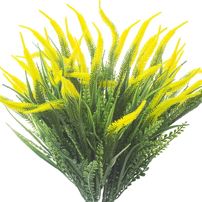 10 Bundles Artificial Plants Outdoor Fake Grass with Flowers UV Resistant Greenery Garden Porch Window Box Decorating (Yellow)