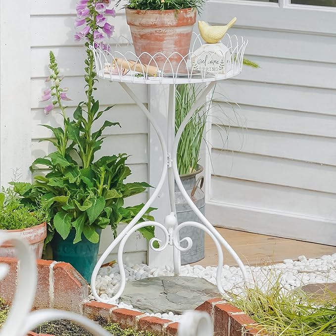 White Round Tabletop Plant Stand, French Vintage Metal Flower Pot Riser with Ornate Edge Detailing, Centerpiece Garden Decor