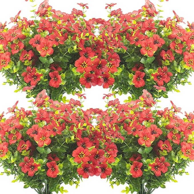 10 Bundles Artificial Flowers Outdoor UV Resistant Fake Flowers No Fade Faux Plants Garden Porch Window Box Decorating (Red)