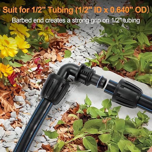 Copadri Drip Irrigation Elbow Fittings, 12 Pieces 1/2'' Dripline Locked Barbed Elbow Connectors for 1/2 Inch Irrigation Tubing (1/2" ID x 0.640" OD) 90 Degree Corner for Garden Sprinkler Systems