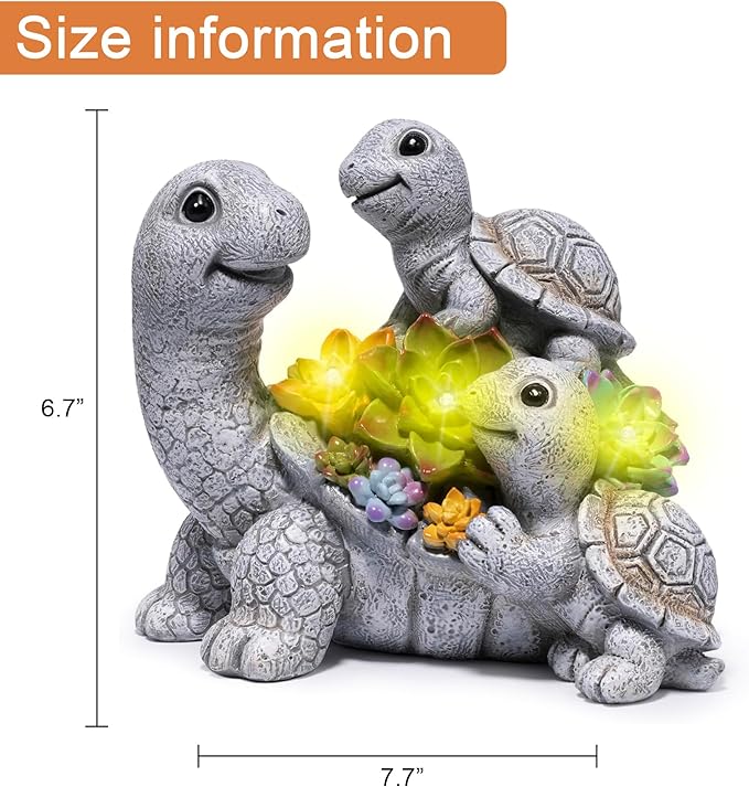 basen Solar Turtle Garden Statue with LED Succulent Lights, Resin Outdoor Tortoise Family Figurine, Waterproof Yard Lawn Patio Decor, Cute Animal Sculpture for Porch, Backyard, Gift