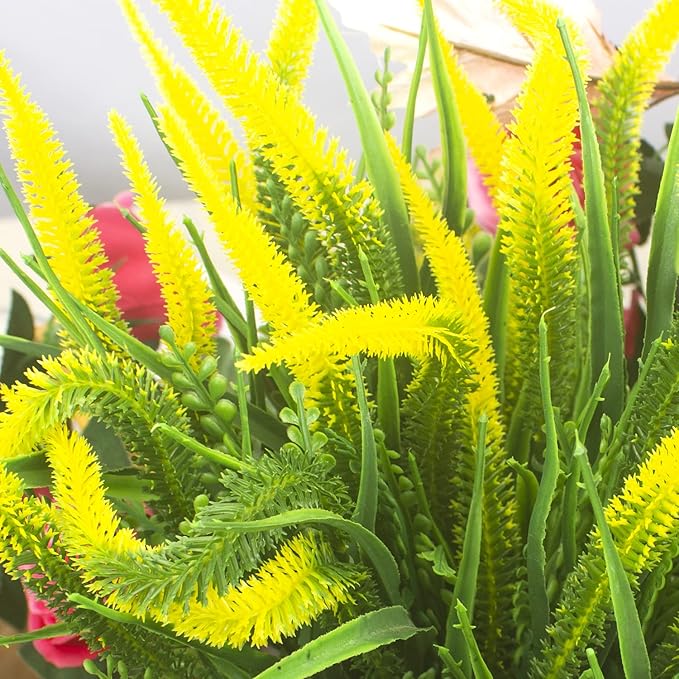 10 Bundles Artificial Plants Outdoor Fake Grass with Flowers UV Resistant Greenery Garden Porch Window Box Decorating (Yellow)