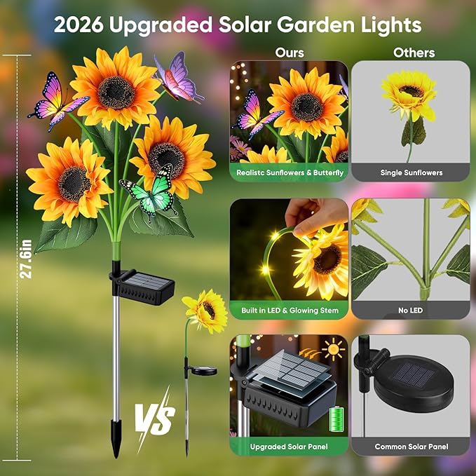 Solar Flowers Outdoor Waterproof: 2 Pack Solar Sunflower Lights with Butterflies for Garden Decor - Auto On Off IP65 Outdoor Lights - Unique Gifts for Mom and Gardeners