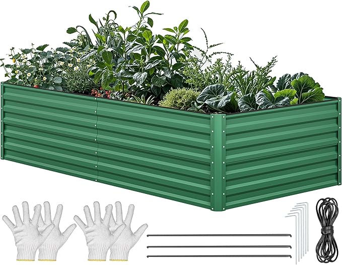 YITAHOME 96x48x24 in Galvanized Raised Garden Bed Kit, Large Metal Planter Box with Gloves, Safety Rubber & Support Rod, Outdoor Flower Bed for Plants Vegetables, Green