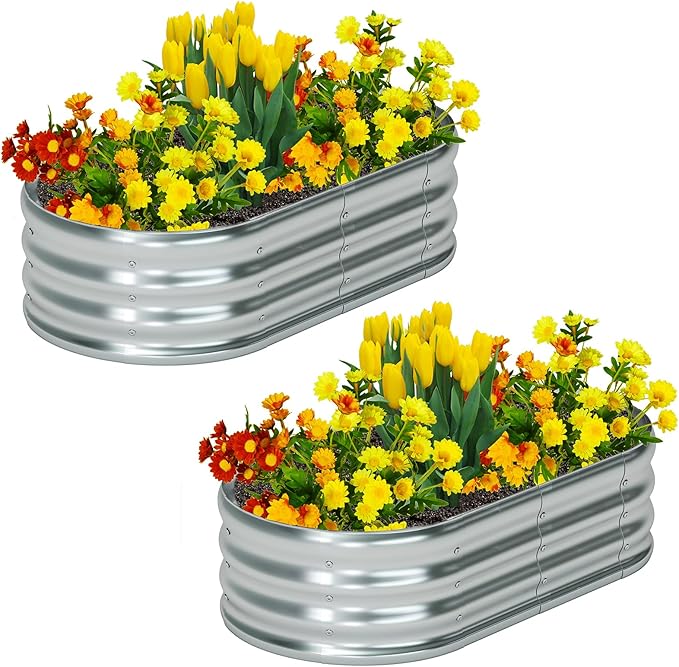 zizin 2 Pack Oval Galvanized Raised Garden Bed Kit 4x2x1ft Metal Planter Box for Outdoor Vegetables, Silver