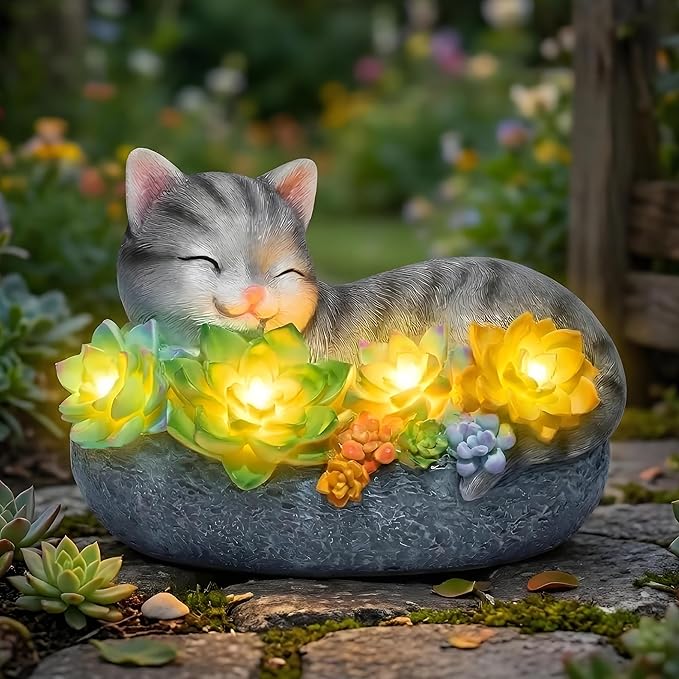 basen Solar Sleeping Cat Outdoor Garden Decor, Resin Cat Figurine with Colorful Succulent Flowers, Solar Powered LED Light, Waterproof Yard Lawn Patio Ornament, Cute Animal Gift for Home Garden