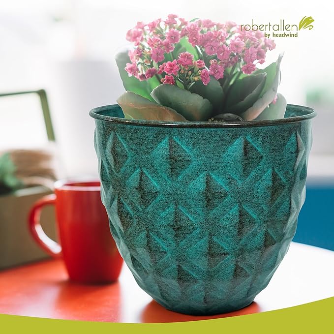 Headwind Glazed Ironstone Diamonte Collection – Surf Green 10-Inch Decorative Plant Pot, Indoor & Outdoor, Vintage Diamond-Textured, Lightweight & Weather-Resistant for Garden Use by Robert Allen