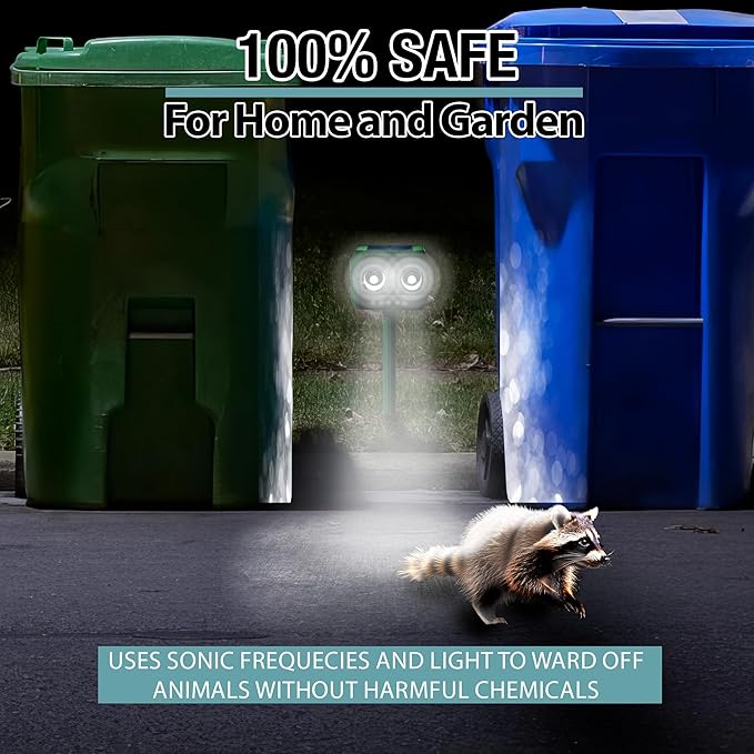 Solar Powered Sonic Animal Repeller – Ultrasonic Motion Sensor, 180° PIR Detection, 32 Ft Range, Eco-Friendly, Non-Toxic, for Gardens, Lawns, Parks & Orchards – Easy Installation, Chemical-Free