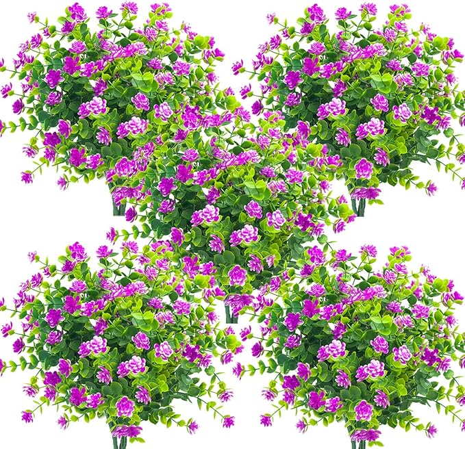 10 Bundles Artificial Fake Flowers, Faux Outdoor Plastic Plants UV Resistant Shrubs Outside Indoor Decorations (Purple-Eucalyptus)