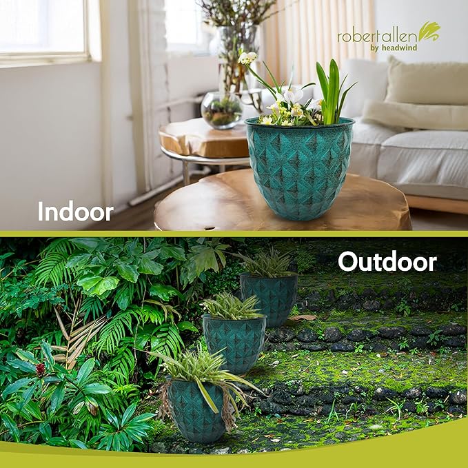 Headwind Glazed Ironstone Diamonte Collection – Surf Green 10-Inch Decorative Plant Pot, Indoor & Outdoor, Vintage Diamond-Textured, Lightweight & Weather-Resistant for Garden Use by Robert Allen