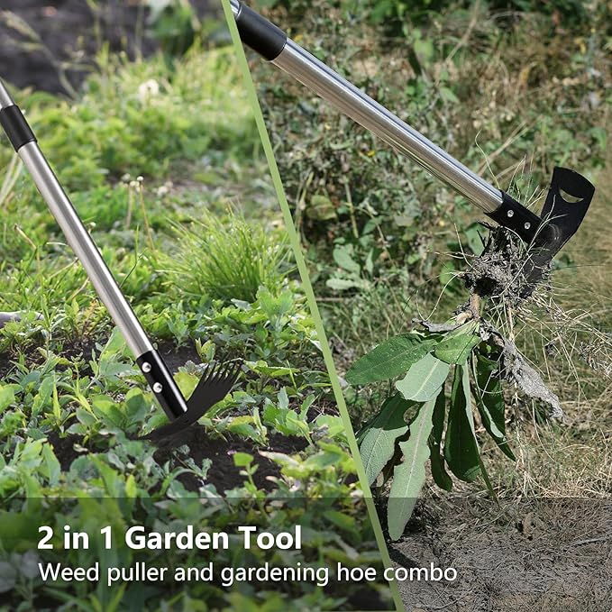 Weed Puller Tool with Long Handle(58IN), 2-in-1 Gardening Hand Tools Weeds Remover, Weeder Rake & Garden Hoe Combo, Manual Weeding Puller Tool for Garden Yard Patio Lawn