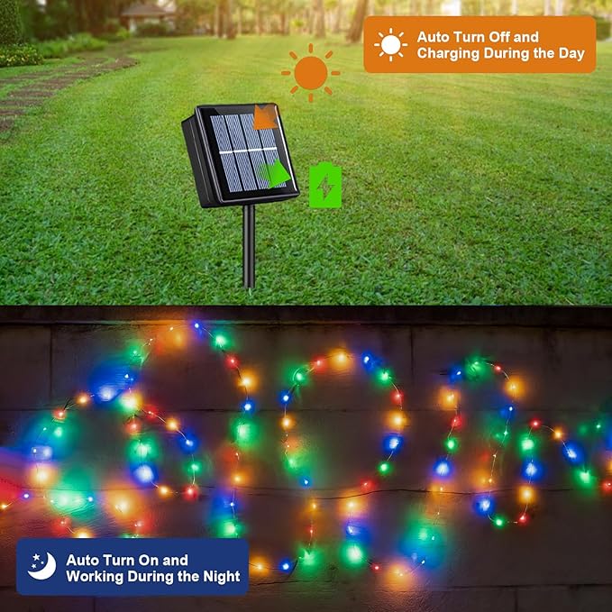QITONG 4 Pack Solar Fairy Lights, Each 33ft 100 LED Multicolor Christmas String Light Outdoor Waterproof, 8 Modes Silver Wire Twinkle Mini Lights