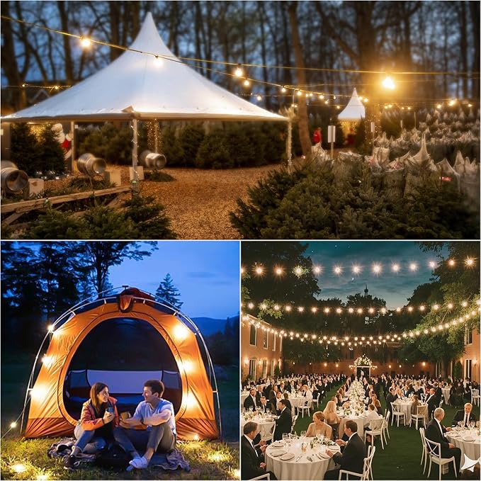 50FT Solar String Lights Outdoor with Remote, IP65 Waterproof Shatterproof ST38 LED Bulbs, 2700K Dimmable Outside Hanging Lights for Patio, Garden, Camping, Deck, Backyard Decor