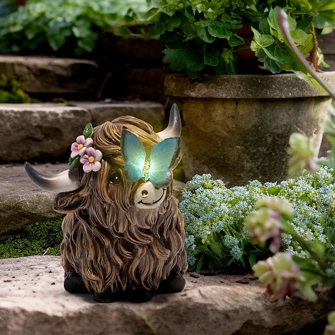 basen Solar Powered Highland Cow Statue for Garden, Resin Outdoor Decor with Illuminated Butterfly, Waterproof Lawn Yard Ornament with Auto On Off Light for Patio Backyard
