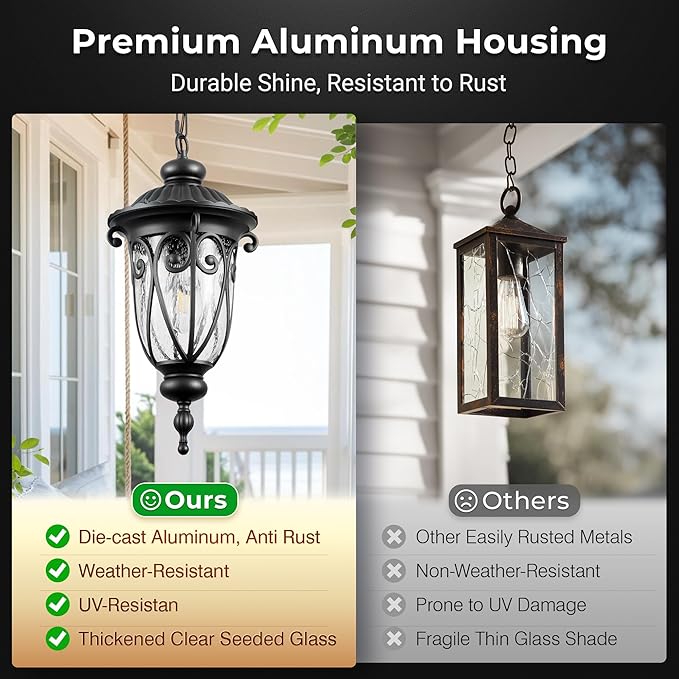 VIANIS Large Dusk to Dawn Outdoor Hanging Lights, Black Vintage Outdoor Pendant Light with Seed Glass, Waterproof, Anti-Rust Adjustable Length Chandelier, Hanging Ceiling Light for Porch, Garden, Yard