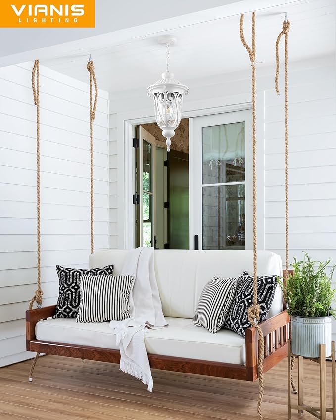VIANIS Large Outdoor Pendant Light Lantern, White Modern Outdoor Chandelier, Handcrafted Hanging Outdoor Lights with Seed Glass, Outdoor Ceiling Lights for Porch, House, Doorway, Garden, Entryway