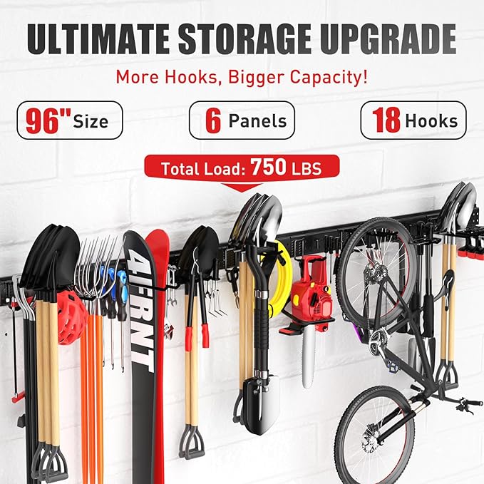 ZICANYCO Garage Tool Organizer Wall Mount 96 inches with 18 Adjustable Heavy-Duty Hooks, Garage Organization, Garden Tool Storage Rack, Yard, and Shed, Holds Up to 750 lbs