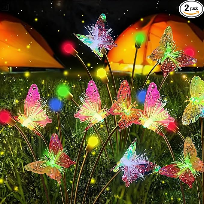 Solar Firefly Colorful Butterfly Garden Lights 2Pack Outdoor Waterproof for Pathway Landscape Camping Patio Lawn Decorations Multicolor