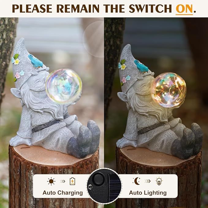 Gnome Statue Solar Bubble Lights Waterproof Outdoor Garden Decor for Patio, Lawn, Yard Cute Gnome Ornament & Housewarming Gift for Outside