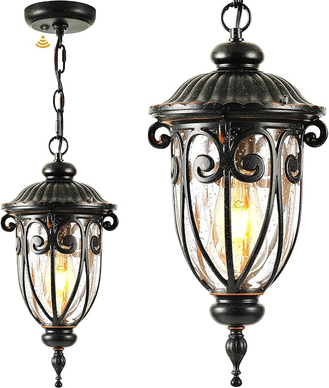 VIANIS Dusk to Dawn Outdoor Hanging Lights, Bronze Vintage Outdoor Pendant Light, Waterproof with Seed Glass, Anti-Rust Adjustable Length Chandelier, Porch Ceiling Light for Garden, Yard, Doorway