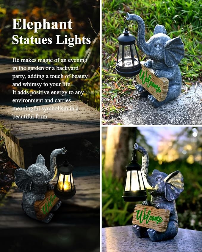 KVR Solar Elephant Garden Lights, Outdoor Welcome Statue Decor for Patio Yard, Birthday Gift for Women Mom Grandma (2025 New Gift Ready) (Green)