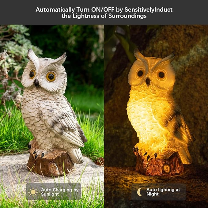 Solar Owl Garden Statues Outdoor Decor Resin Owl Figurine with LED Lights Owl Sculpture for Porch Patio Lawn Yard Decorations Christmas Housewarming Gifts for Women Mom,White Owl