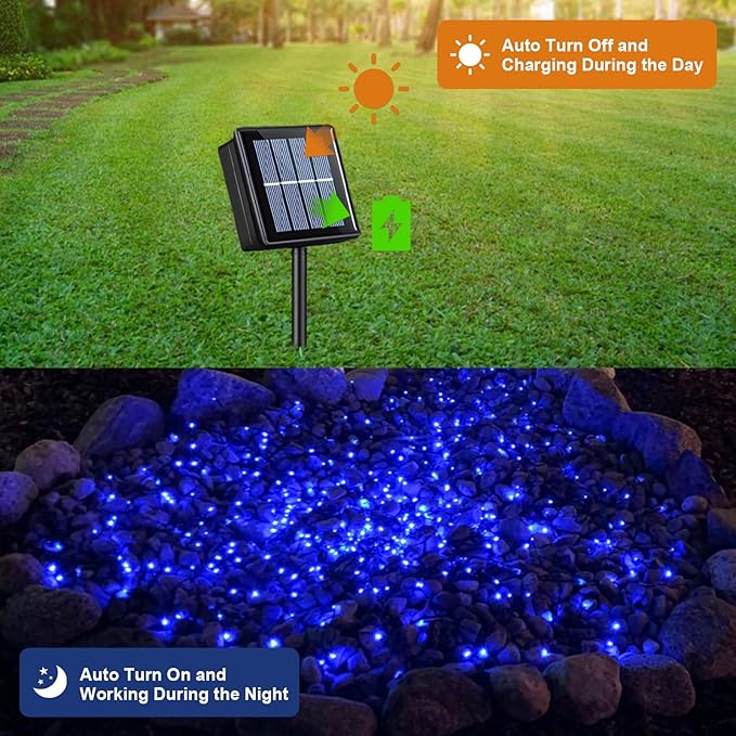 QITONG 4 Pack Solar Fairy Lights, Each 33ft 100 LED Blue Christmas String Light Outdoor Waterproof, 8 Modes Silver Wire Twinkle Mini Lights