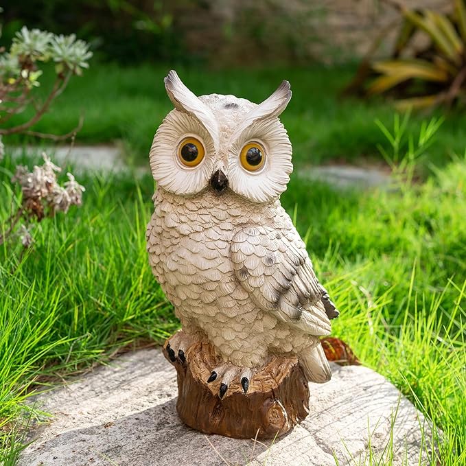 Solar Owl Garden Statues Outdoor Decor Resin Owl Figurine with LED Lights Owl Sculpture for Porch Patio Lawn Yard Decorations Christmas Housewarming Gifts for Women Mom,White Owl