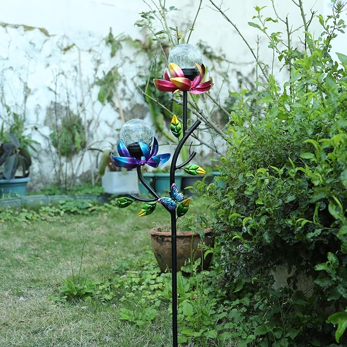 VCUTEKA Solar Garden Flowers with LED Light Crackle Glass Globe Solar Lights Outdoor Metal Stake Wind Spinner for Garden Decoration, Patio Decor, Yard Decor and Gift for Mother
