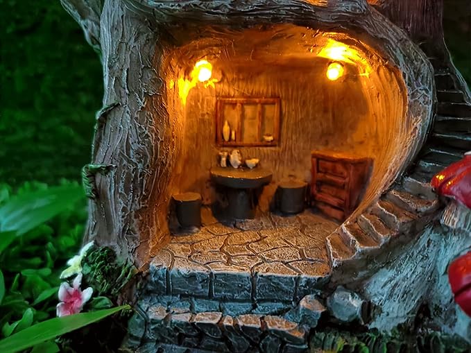 Solar Light Fairy Tree House - Fun Natural Figurine Sculpture with Solar LED Lights for Indoor Outdoor Art Decorations, Patio Yard Lawn Ornaments Gift