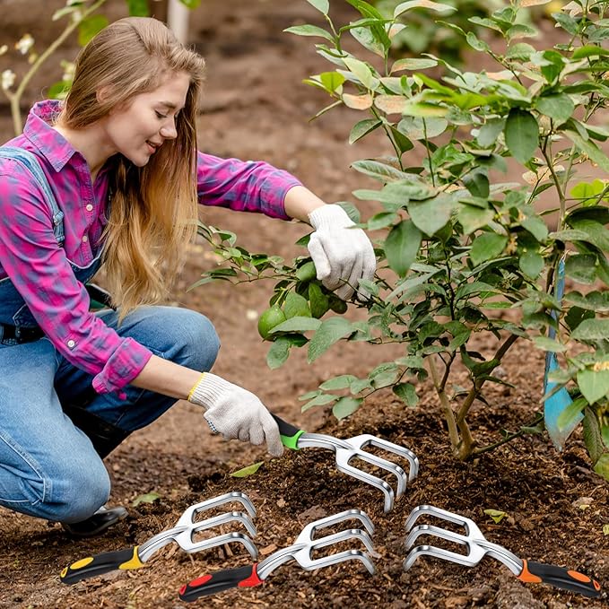 Yaocom 12 Pcs Hand Rake Garden Tool Mini Heavy Duty Garden Cultivator 11 Inch Small Rake Gardening Aluminum Alloy Hand Tiller with Handle for Digging Weeding Loose Soil (Red,Orange,Yellow,Green)