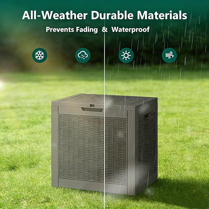 WTFGO 31 Gallon Outdoor Storage Deck Box Waterproof,Garden Tool,Backyard Cushion,Poolside Storage,Small Delivery Boxes for Outside,Lockable Lid,Rattan Grey