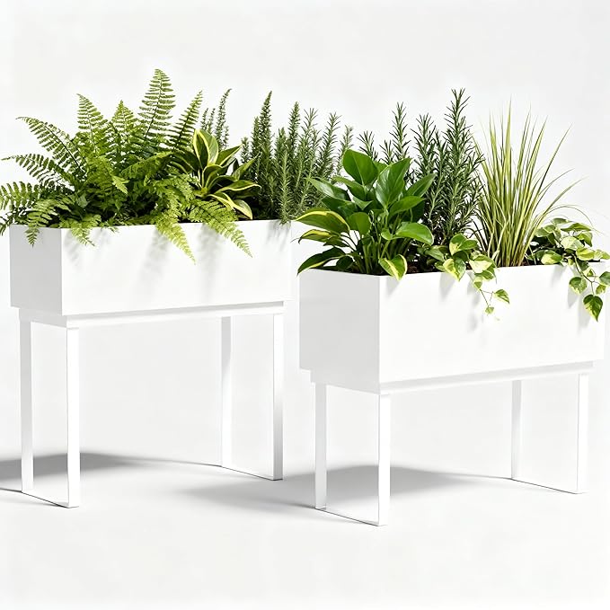 Worth Set of 2 Raised Metal Planter Box with Legs, Large & Small Galvanized Steel Elevated Garden Beds with Drainage Hole & Plug for Vegetables, Flowers & Herbs, Indoor & Outdoor Use - Glossy White