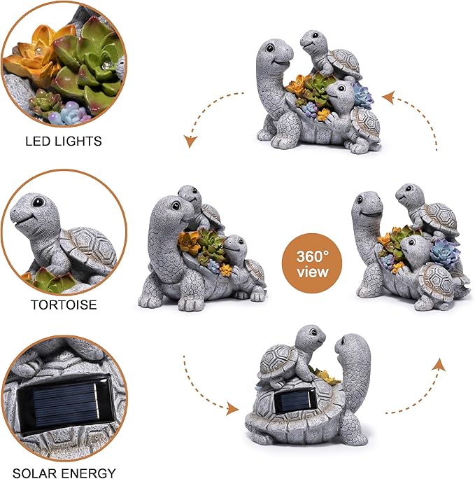 basen Solar Turtle Garden Statue with LED Succulent Lights, Resin Outdoor Tortoise Family Figurine, Waterproof Yard Lawn Patio Decor, Cute Animal Sculpture for Porch, Backyard, Gift