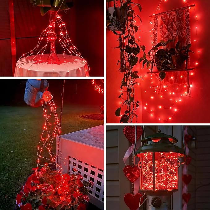 QITONG 4 Pack Solar Fairy Lights, Each 33ft 100 LED Red Christmas String Light Outdoor Waterproof, 8 Modes Silver Wire Twinkle Mini Lights