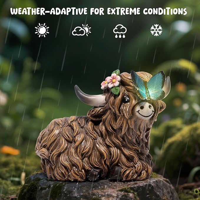 basen Solar Highland Cow Garden Statue with Lighted Butterfly, Resin Outdoor Yard Decor with Solar Panel, Waterproof Lawn Patio Ornament for Garden, Pathway, Backyard Decor Gift