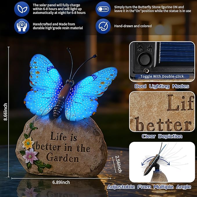 Solar LED Butterfly Garden Statue with Sparkling Light-Up Wings - Outdoor Yard Patio Decor Figurine, for Women Mom Grandma (Blue)