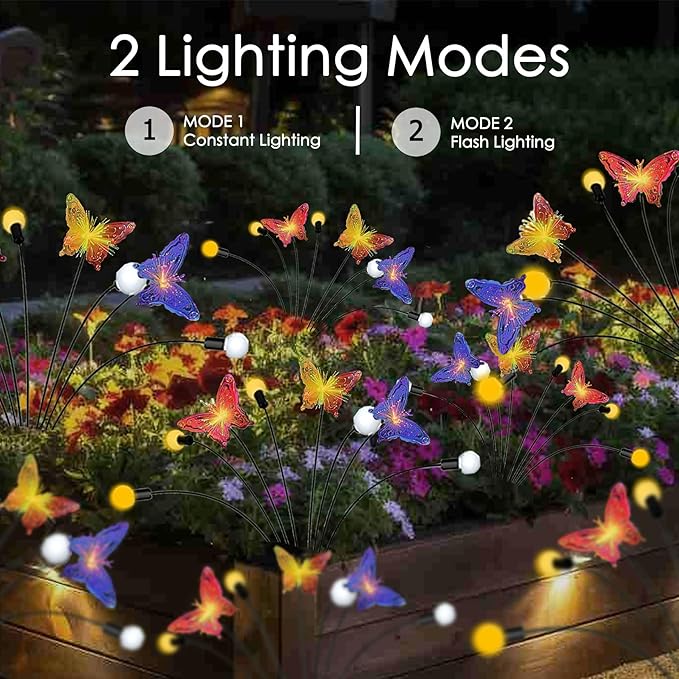 Solar Firefly Colorful Butterfly Garden Lights 2Pack Outdoor Waterproof for Pathway Landscape Camping Patio Lawn Decorations Warm White