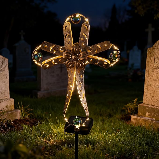 Kaixoxin Solar Power Cross Stake Warm White Color Florals Solar Lights Garden Decor Memorial Gift Cemetery Decoration LED Outdoor Landscape Light