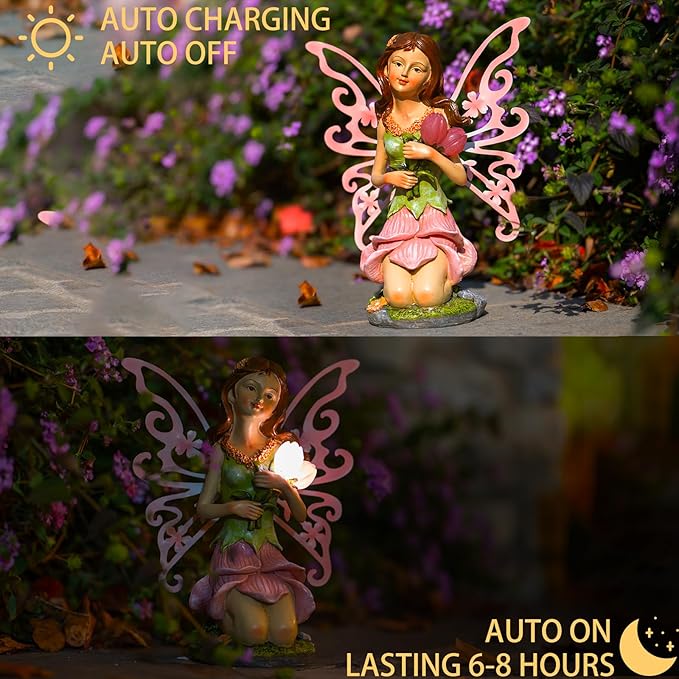 Fairy Decor, Solar Outdoor Statue, Accessories for Fairy Garden Gifts - Resin Figurine for Patio Yard Lawn, Size 8.35 x 4.92 x 10.82 inches