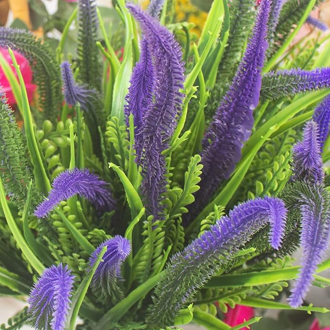 10 Bundles Artificial Plants Outdoor Fake Grass with Flowers UV Resistant Greenery Garden Porch Window Box Decorating (Purple)