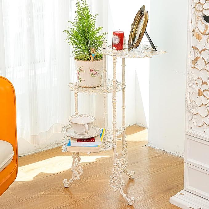 Sungmor Vintage Cast Iron 3-Tier Plant Stand, Elegant Butterfly & Floral Design with Antique White Finish, 28 Inch Tall Rustic Flower Pot Holder, Heavy Duty Metal Display Shelf for Indoor and Outdoor