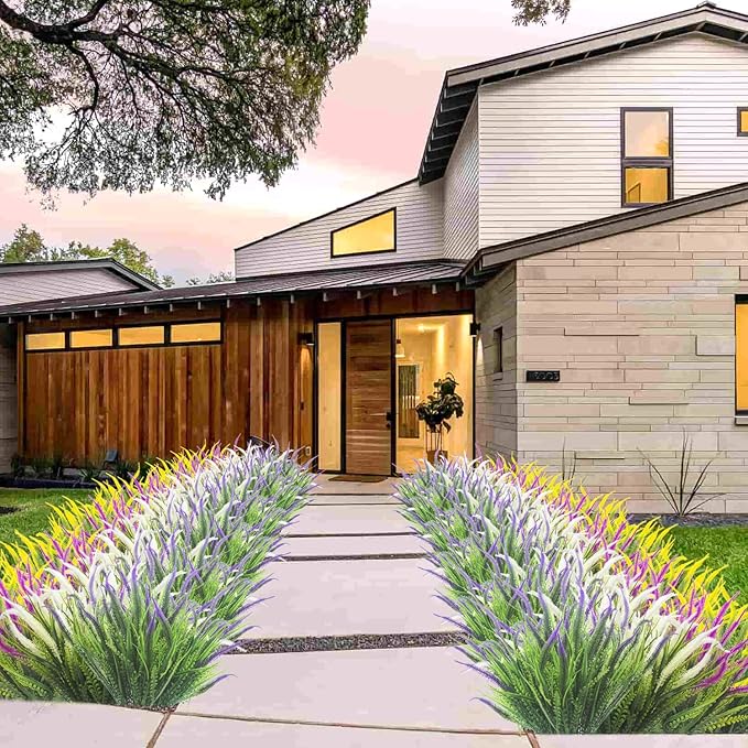 10 Bundles Artificial Plants Outdoor Fake Grass with Flowers UV Resistant Greenery Garden Porch Window Box Decorating (Red)