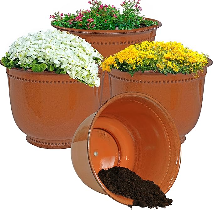 Sunnydaze Michael 14.5" Metal Outdoor Plant Pot Set with Drainage Holes and Rubber Plugs - Chestnut Glaze - Set of 4