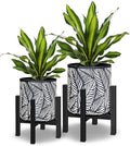 10 & 12 Inches Plant Pot with Stand Set of 2, Decorative Palm Leaves Printing Planter with Holder, Garden Pot for Snake Plant, Monstera, Houseplants - Indoor Outdoor Flower Pots with Drainage Holes