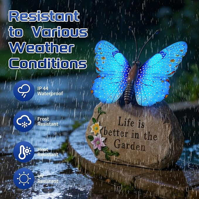 Solar LED Butterfly Garden Statue with Sparkling Light-Up Wings - Outdoor Yard Patio Decor Figurine, for Women Mom Grandma (Blue)