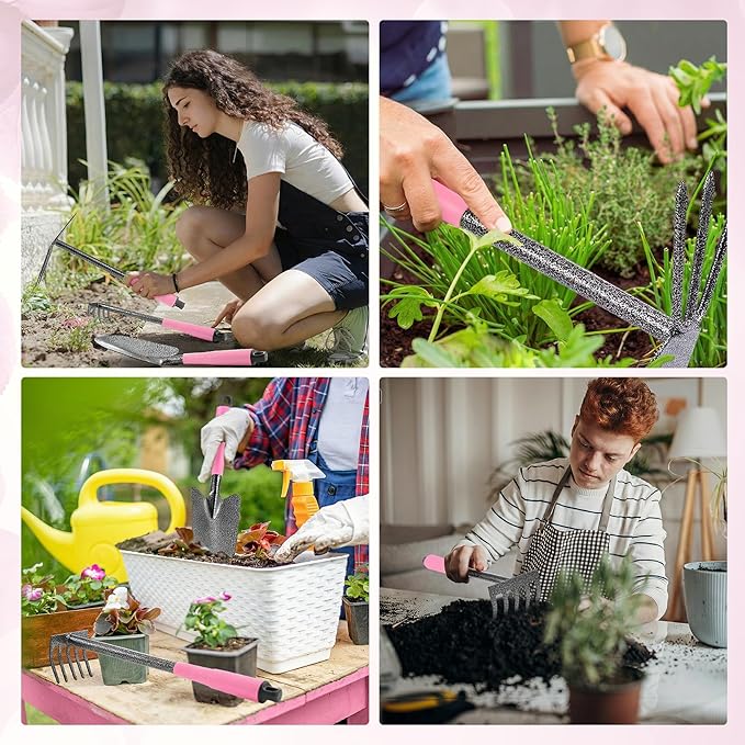 WORKPRO 6-Piece Pink Garden Tool Set, Heavy Duty Gardening Hand Tools with Soft Rubber Handle, Including Trowel, Rakes, 2-in-1 Hoe and Crack Weeder, Ideal Gardening Gifts for Men and Women