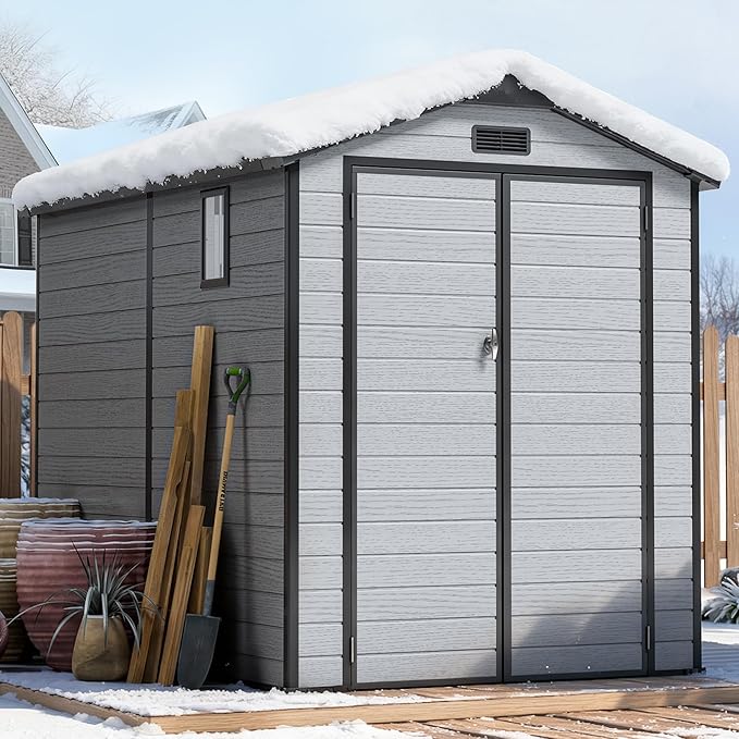 WUKHG 6X8 FT Outdoor Storage Sheds, Plastic Storage Shed with Floor & Drainage Channel for Bikes, Furniture, Gardening Tools, Lockable Outdoor Shed Suitable for Backyard, Patio, Lawn