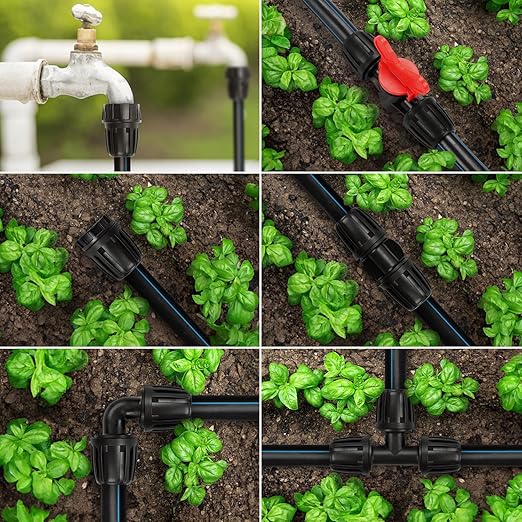 Copadri 21 Pieces1/2 Inch Drip Irrigation Fittings Kit, 1/2'' Drip Line Barbed Locked Connectors for 1/2 Inch Irrigation Tubing (1/2" ID x 0.640" OD) Coupling Tee Elbow Plug Valve Faucet Adapter