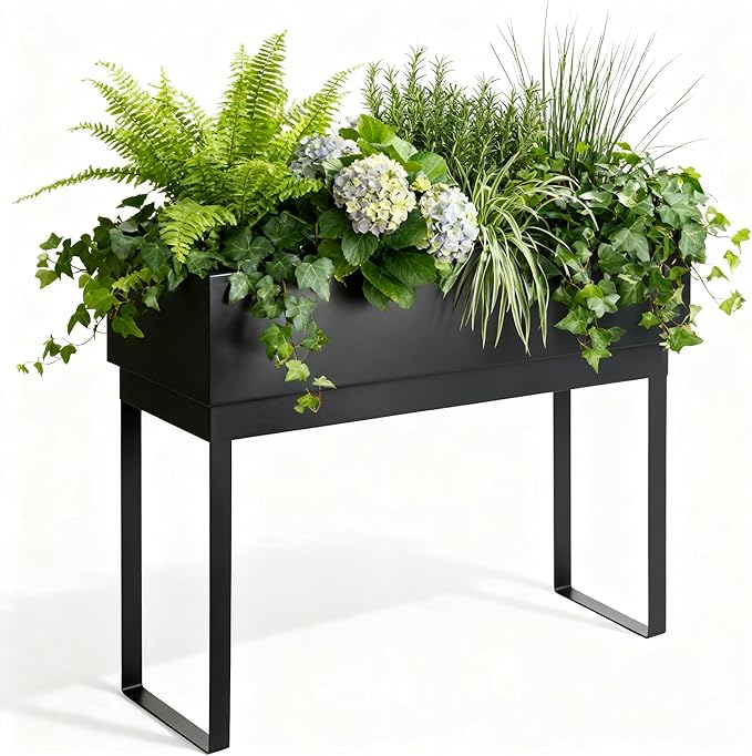 WORTH Raised Metal Planter Box with Legs, 28" Elevated Garden Bed for Indoor & Outdoor Use – Matte Black Galvanized Steel Planter with Inner Shelf, Drainage Hole & Plug for Vegetables, Flowers & Herbs